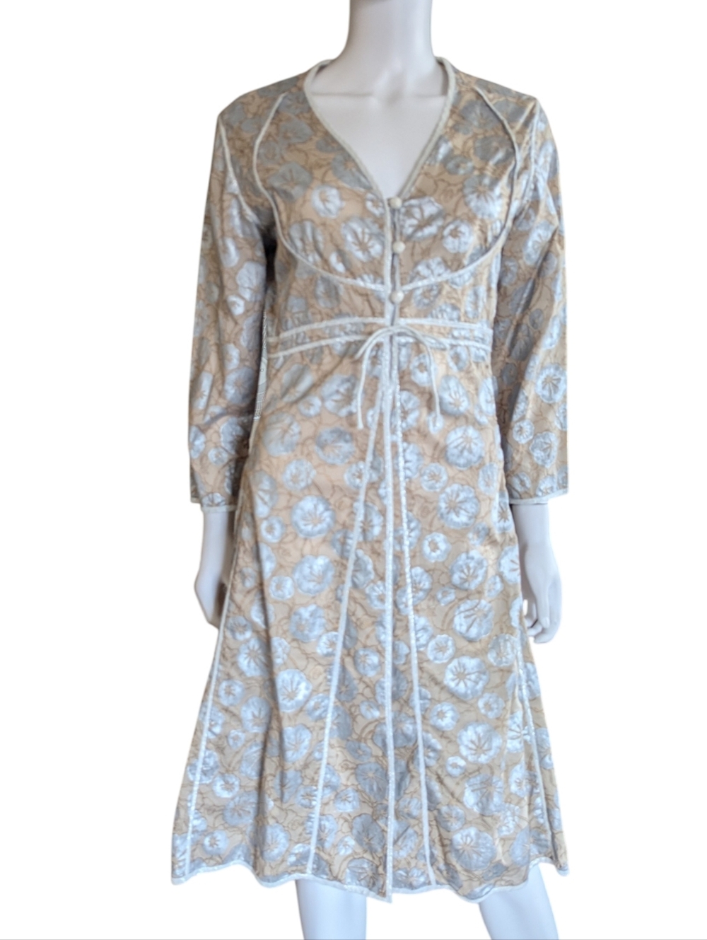 Ratan Floral Lace-Trim Beige & Light Blue Robe Dress - Picture 3 of 12